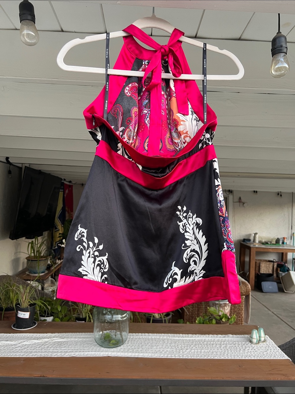 Bebe Vibrant Pink and Black Silk Halter Top Size Small - Picture 6 of 6